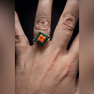 Handcrafted‎ Beaded Ring with Orange and Green Accents